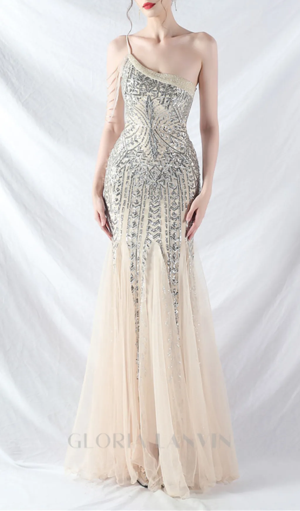DEIRDRE GOLD ONE-SHOULDER SEQUINED FISHTAIL MAXI DRESS Gloria Lanvin