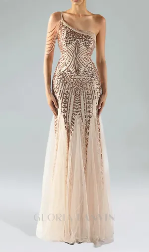 DEIRDRE GOLD ONE-SHOULDER SEQUINED FISHTAIL MAXI DRESS Gloria Lanvin