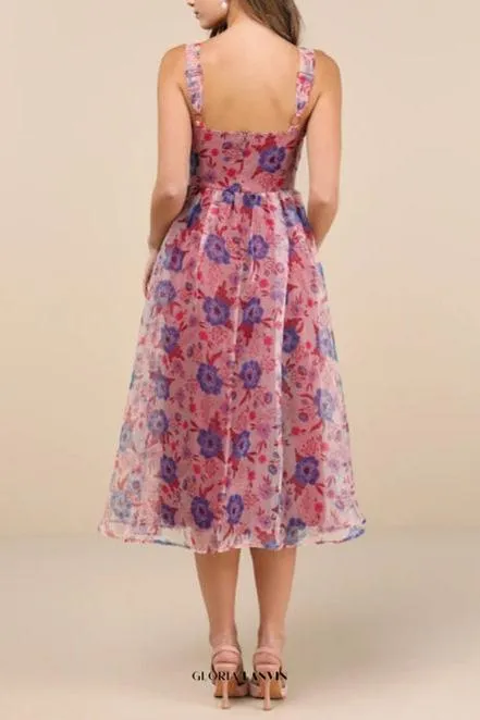 Delightful Look Magenta Floral Print Bustier Midi Skater Dress Gloria Lanvin