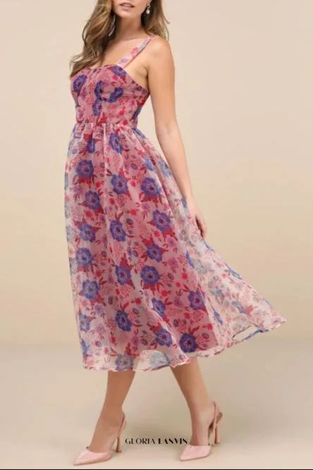 Delightful Look Magenta Floral Print Bustier Midi Skater Dress Gloria Lanvin