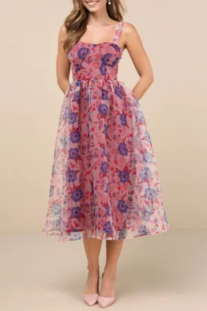 Delightful Look Magenta Floral Print Bustier Midi Skater Dress Gloria Lanvin