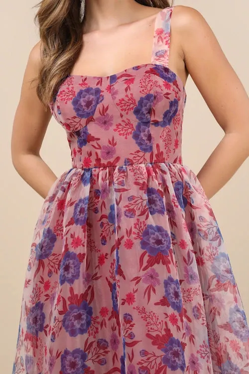Delightful Look Magenta Floral Print Bustier Midi Skater Dress Gloria Lanvin