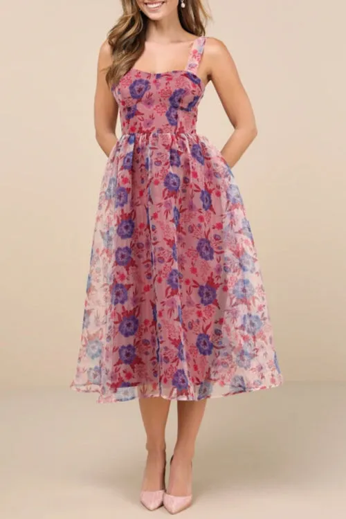 Delightful Look Magenta Floral Print Bustier Midi Skater Dress Gloria Lanvin