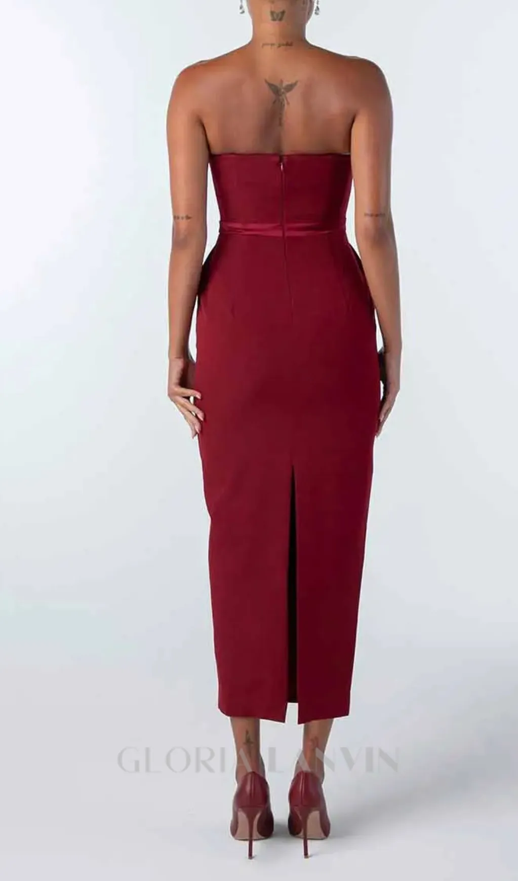 demi bow strapless midi dress in merlot Gloria Lanvin