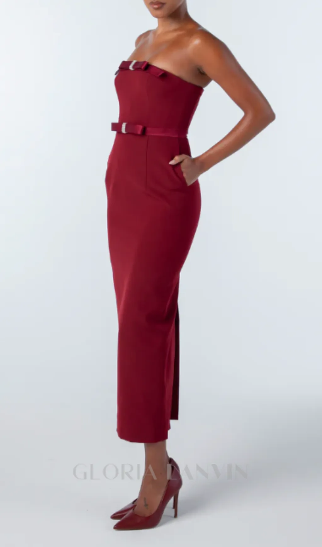 demi bow strapless midi dress in merlot Gloria Lanvin