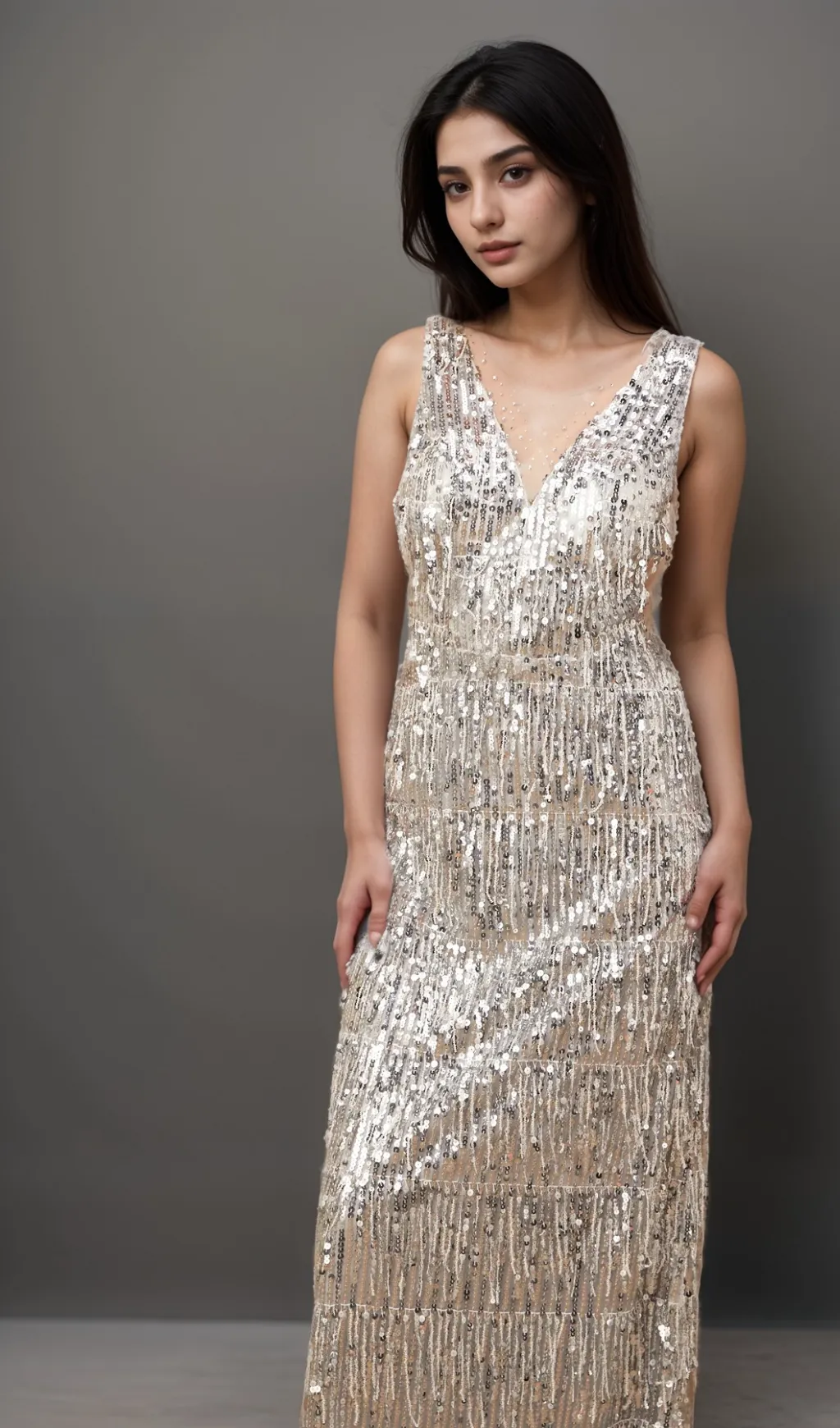 Denise silver sleeveless fringed sequined maxi dress Gloria Lanvin