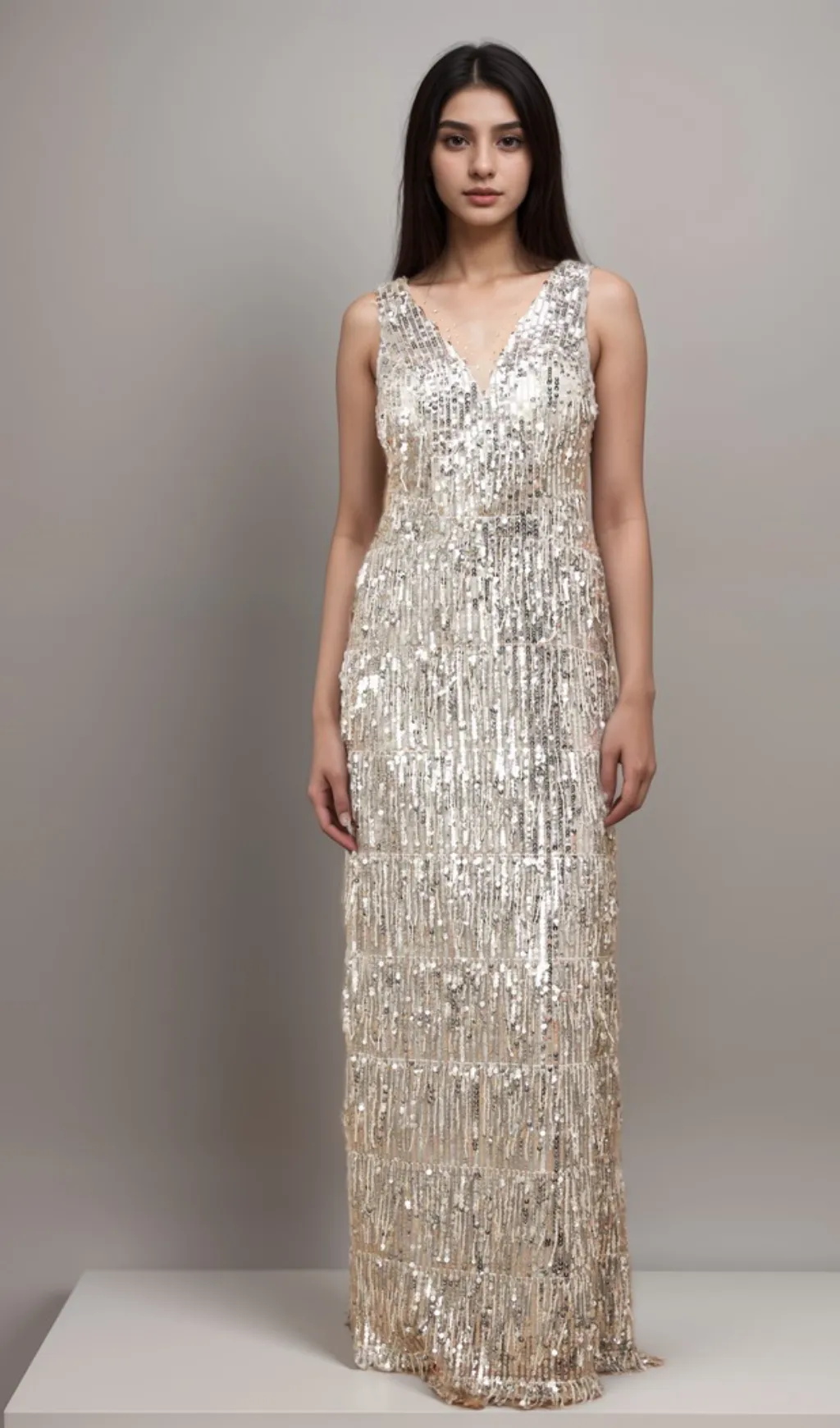 Denise silver sleeveless fringed sequined maxi dress Gloria Lanvin