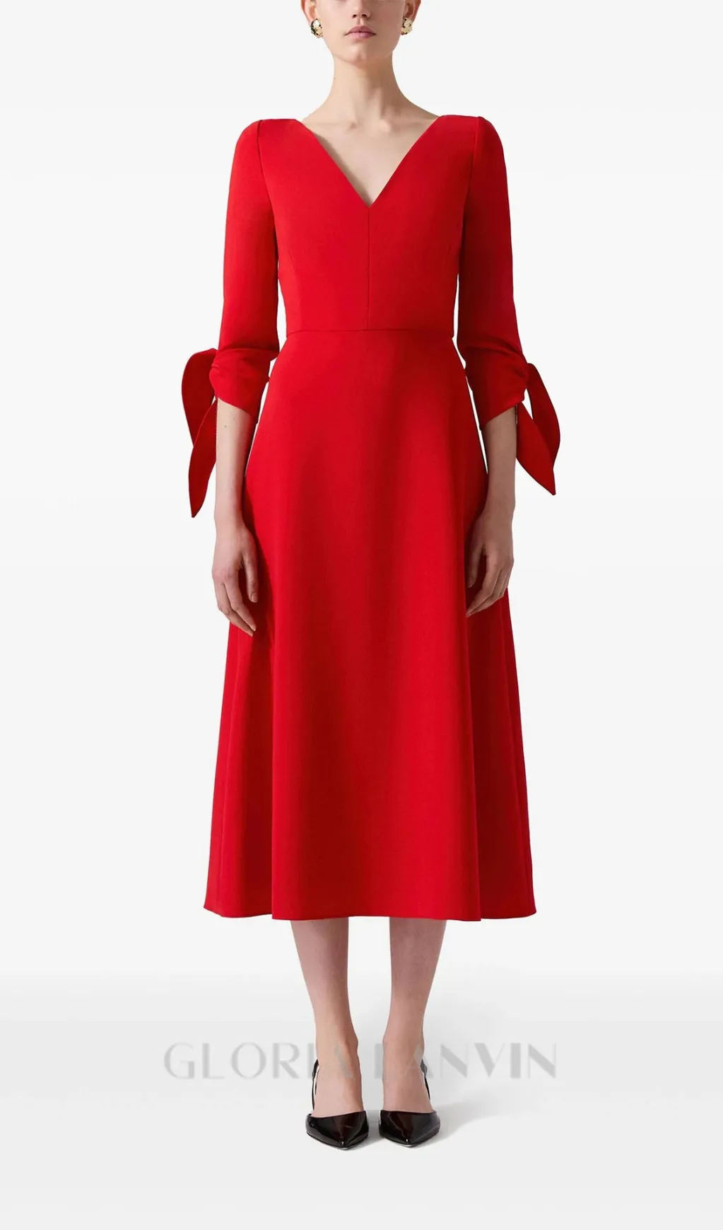 DENISE V-NECK LACE UP MIDI DRESS IN RED Gloria Lanvin