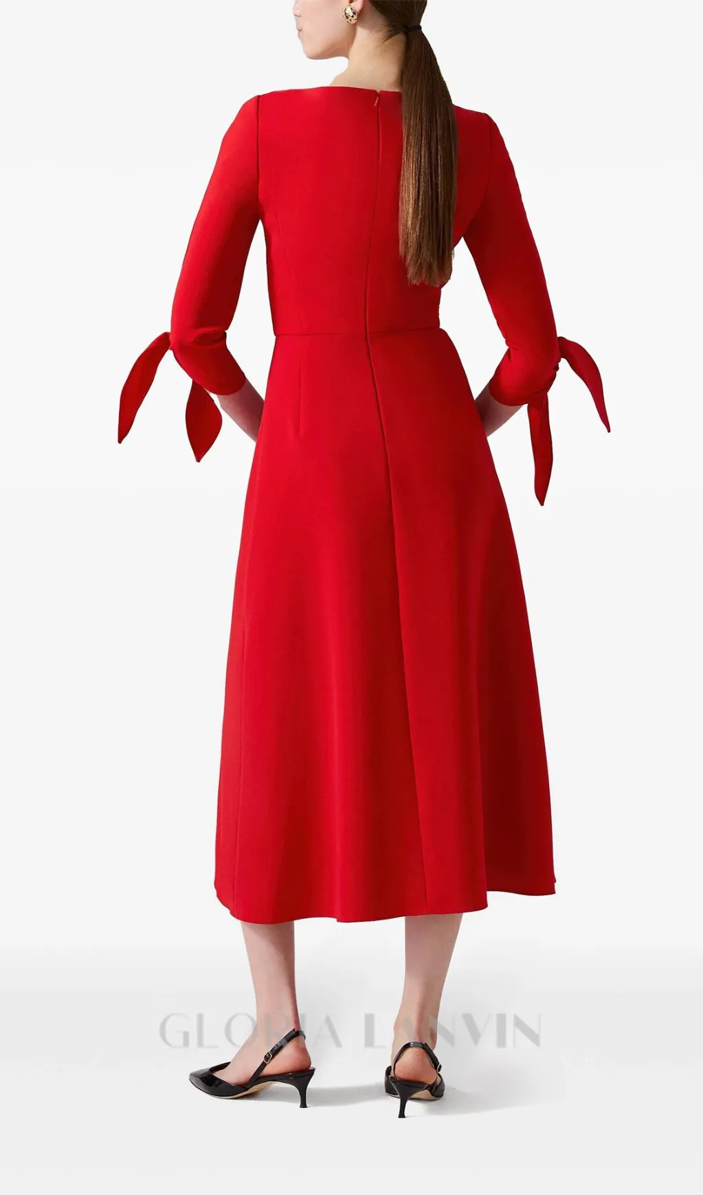 DENISE V-NECK LACE UP MIDI DRESS IN RED Gloria Lanvin