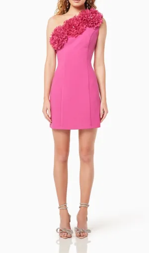 DIAGONAL COLLAR 3D FLOWER ROSE RED ONE SHOULDER MINI DRESS Gloria Lanvin