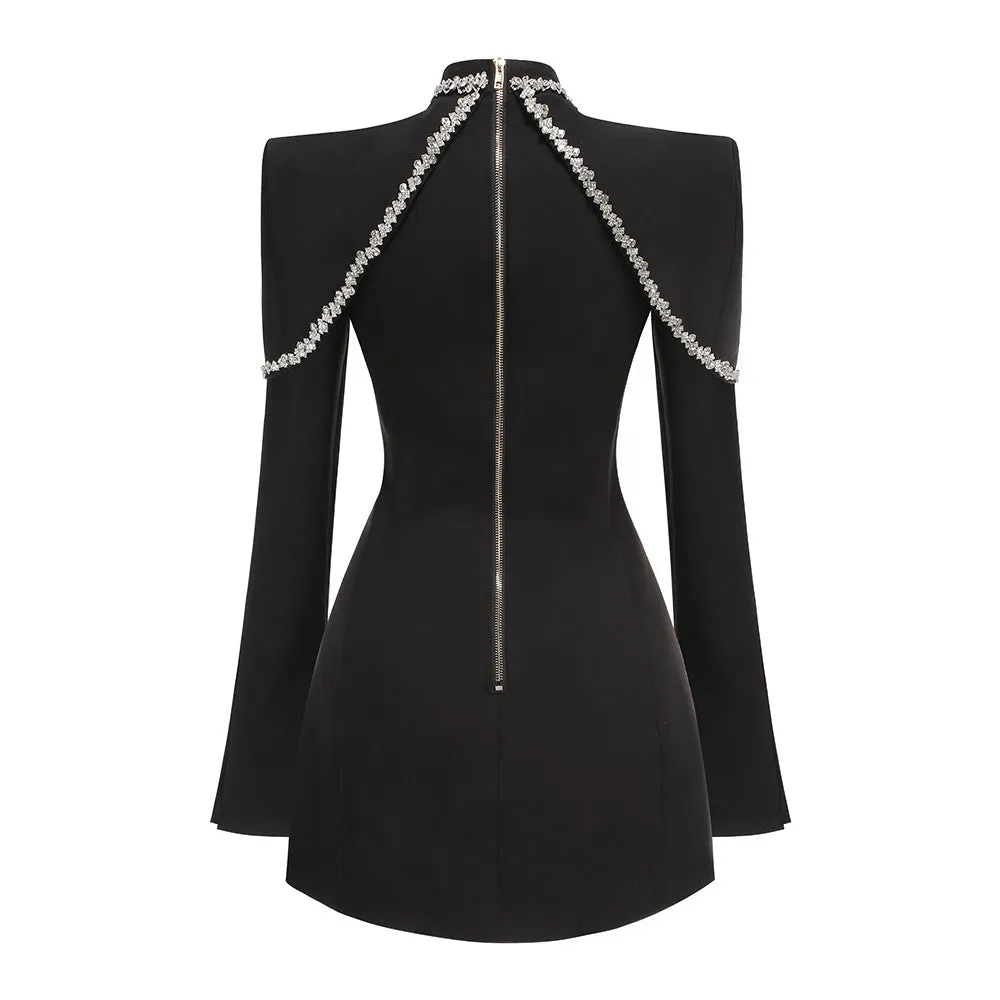 diamond chain embellished trumpet sleeve mini dress in black Gloria Lanvin