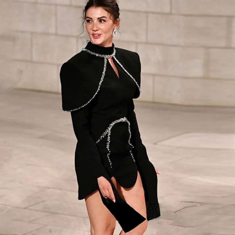 diamond chain embellished trumpet sleeve mini dress in black Gloria Lanvin