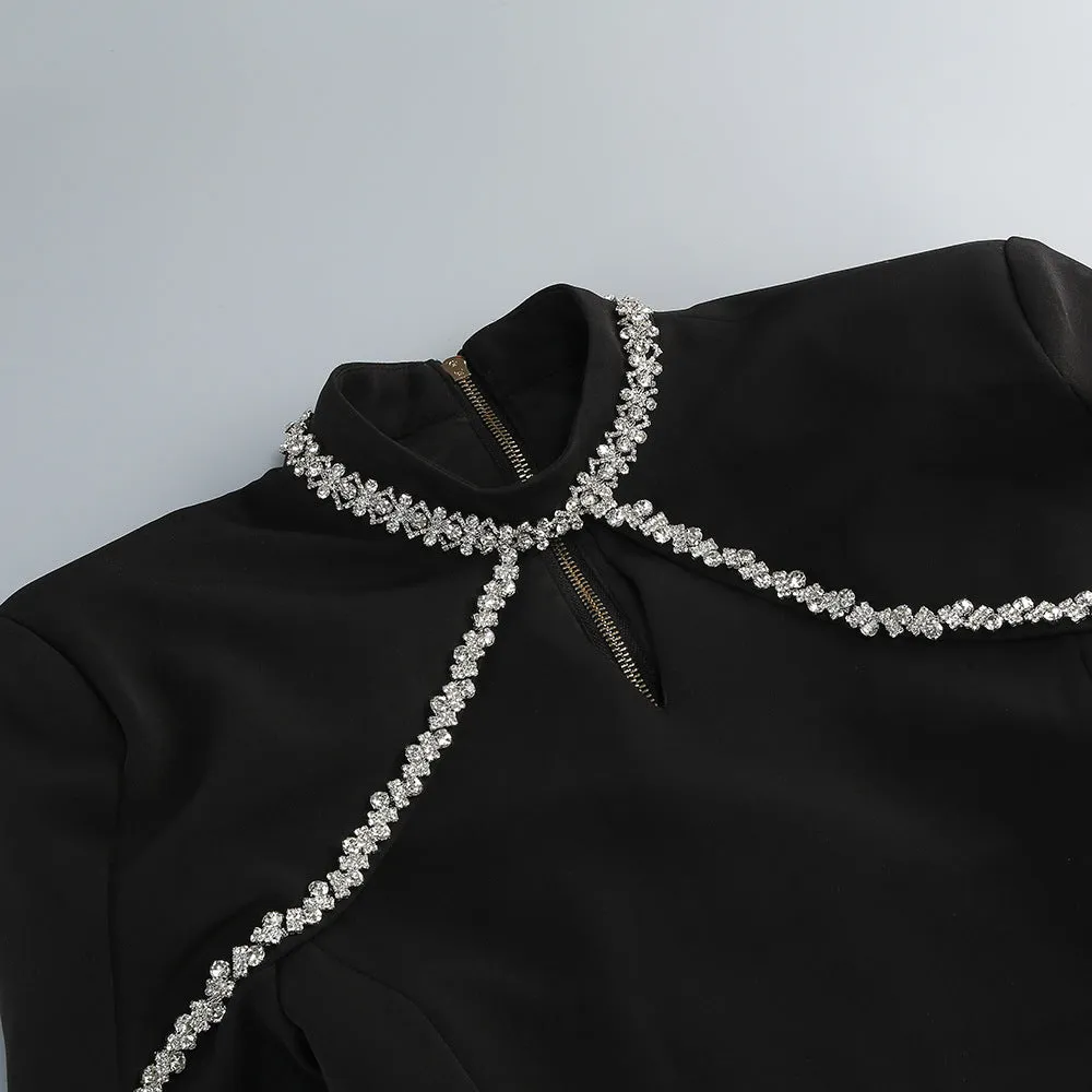 diamond chain embellished trumpet sleeve mini dress in black Gloria Lanvin