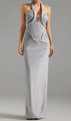 Diamond embellished Halter Maxi Dress in silver Gloria Lanvin
