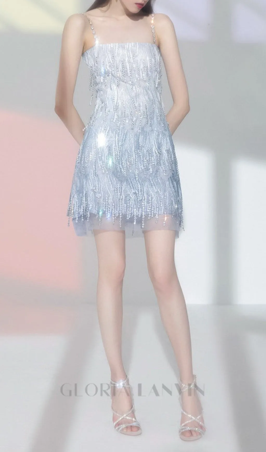 DIAMOND EMBELLISHED MINI DRESS IN BLUE Gloria Lanvin