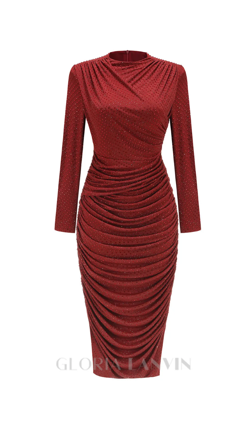 Diamond embellished pleated Midi Dress in merlot Gloria Lanvin