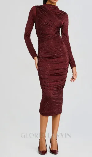 Diamond embellished pleated Midi Dress in merlot Gloria Lanvin