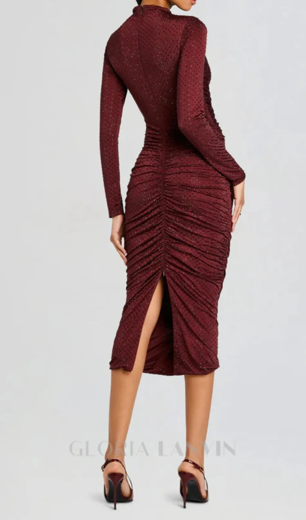 Diamond embellished pleated Midi Dress in merlot Gloria Lanvin