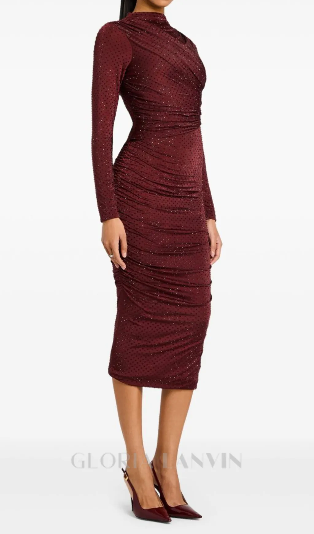 Diamond embellished pleated Midi Dress in merlot Gloria Lanvin
