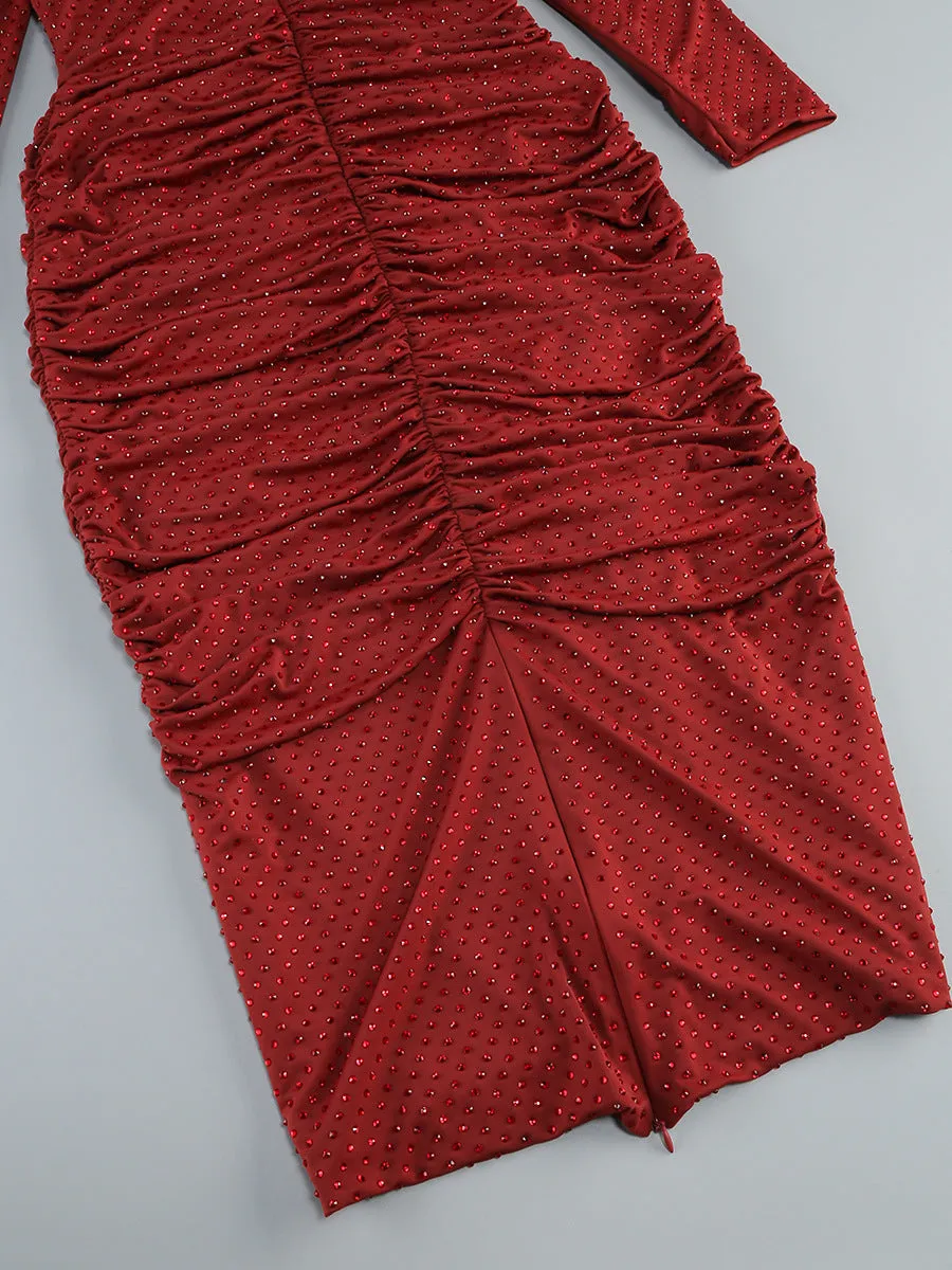 Diamond embellished pleated Midi Dress in merlot Gloria Lanvin