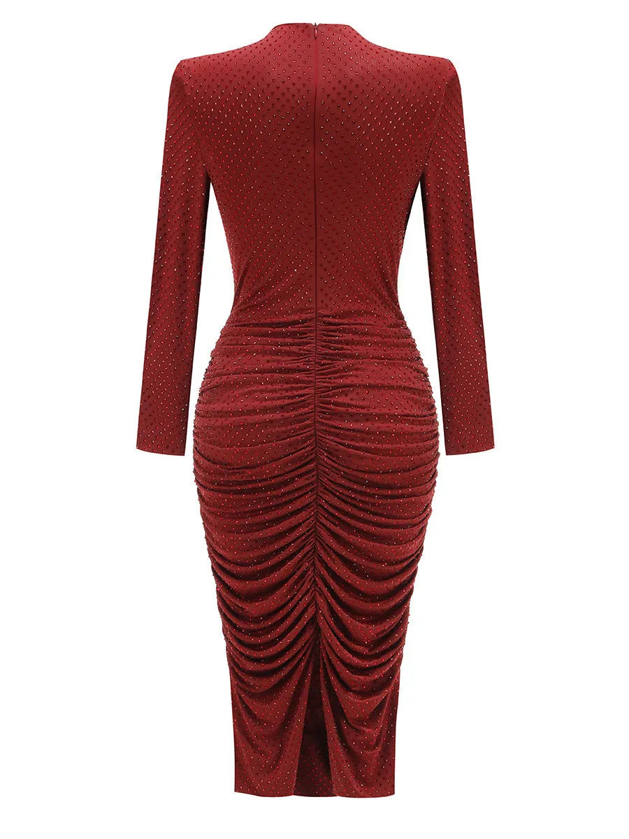 Diamond embellished pleated Midi Dress in merlot Gloria Lanvin