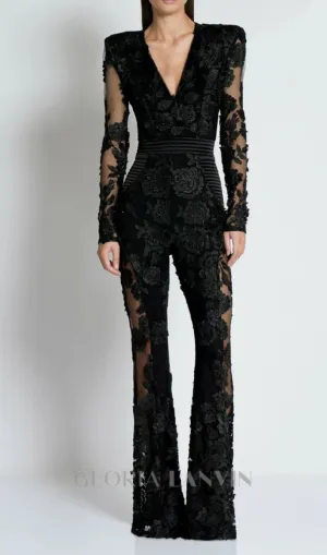 diamond three-dimensional flower jumpsuit in black Gloria Lanvin