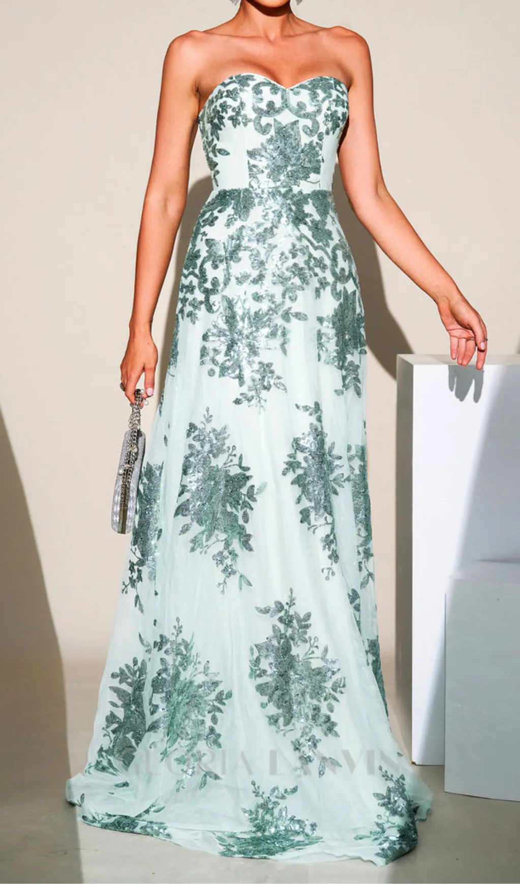 DINAH STRAPLESS SEQUIN A-LINE MAXI DRESS IN GREEN Gloria Lanvin