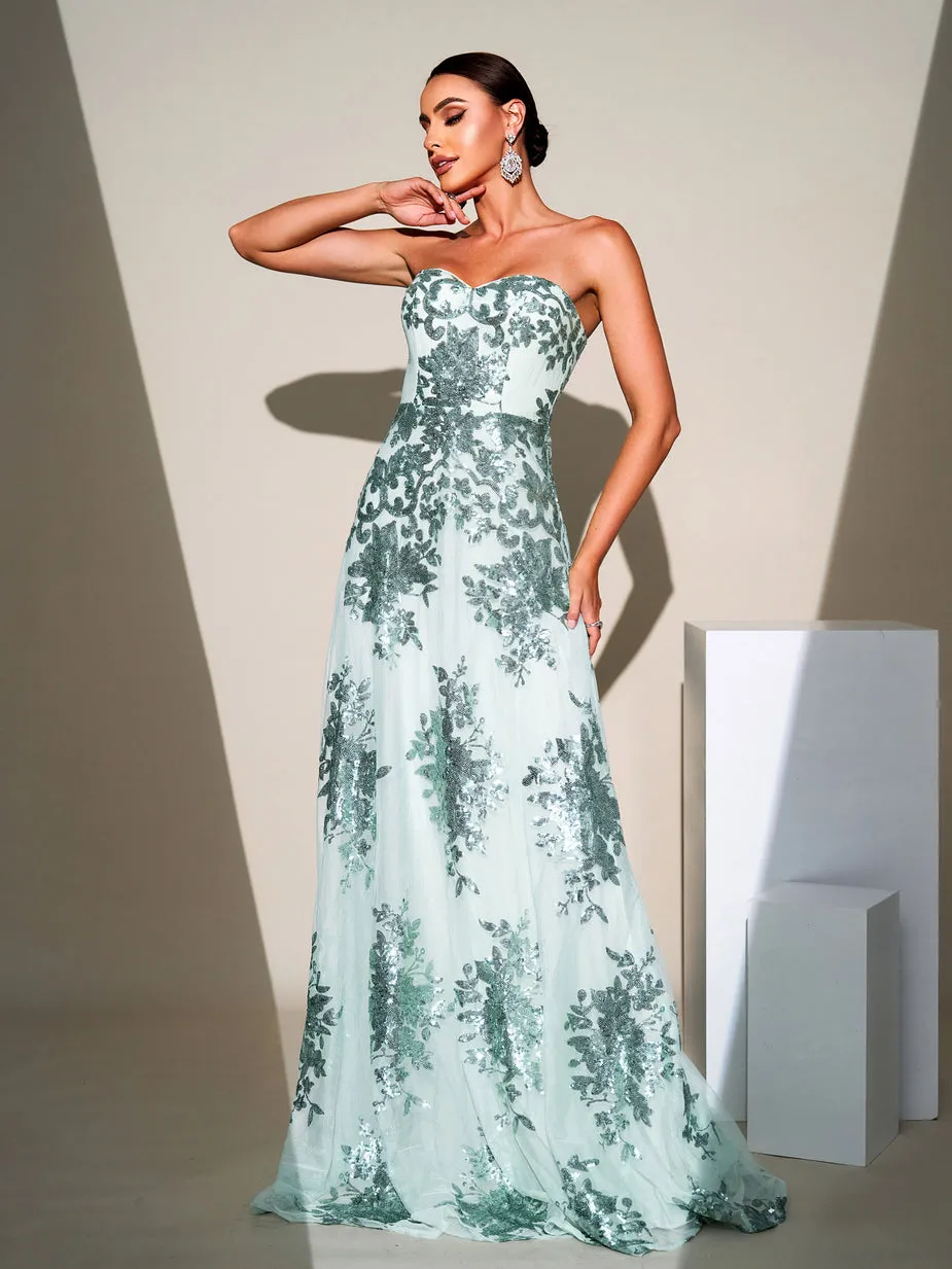 DINAH STRAPLESS SEQUIN A-LINE MAXI DRESS IN GREEN Gloria Lanvin