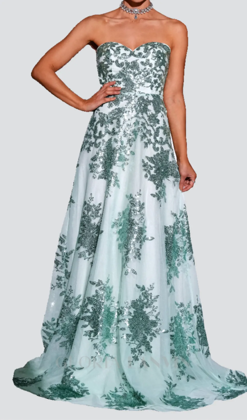 DINAH STRAPLESS SEQUIN A-LINE MAXI DRESS IN GREEN Gloria Lanvin