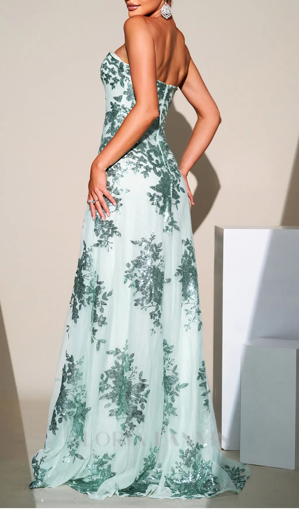 DINAH STRAPLESS SEQUIN A-LINE MAXI DRESS IN GREEN Gloria Lanvin