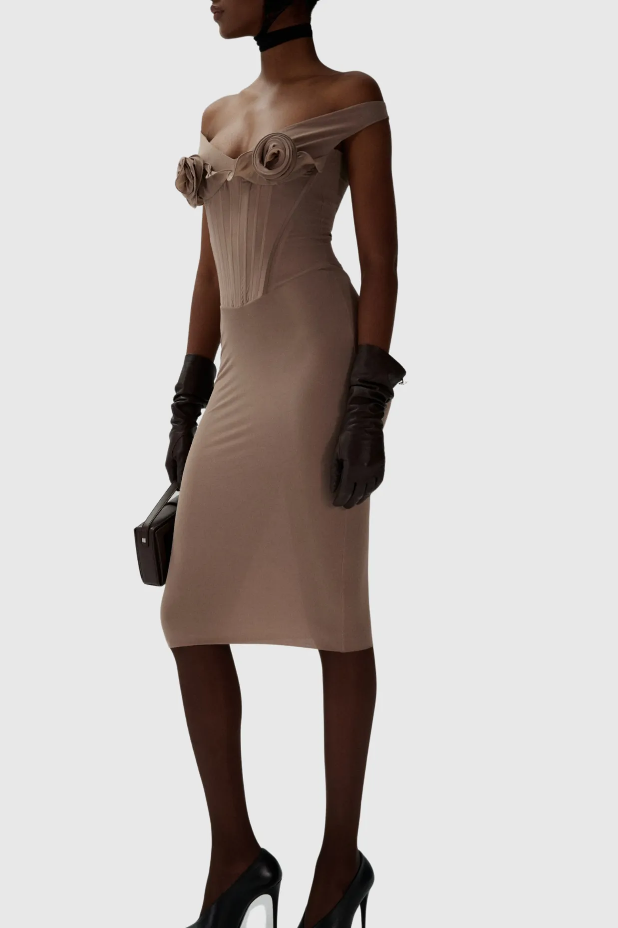 Dinella Floral Appliqu Corset Midi Dress in Grey Gloria Lanvin