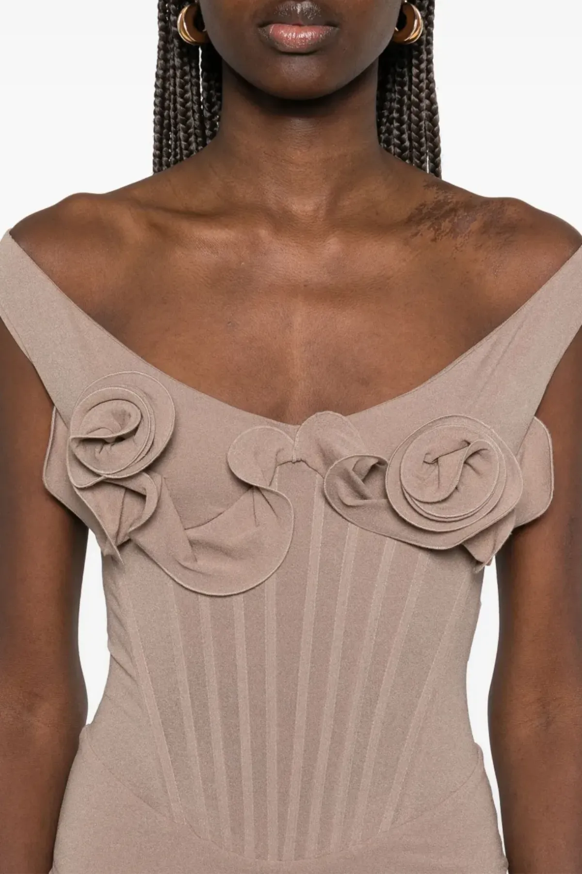Dinella Floral Appliqu Corset Midi Dress in Grey Gloria Lanvin