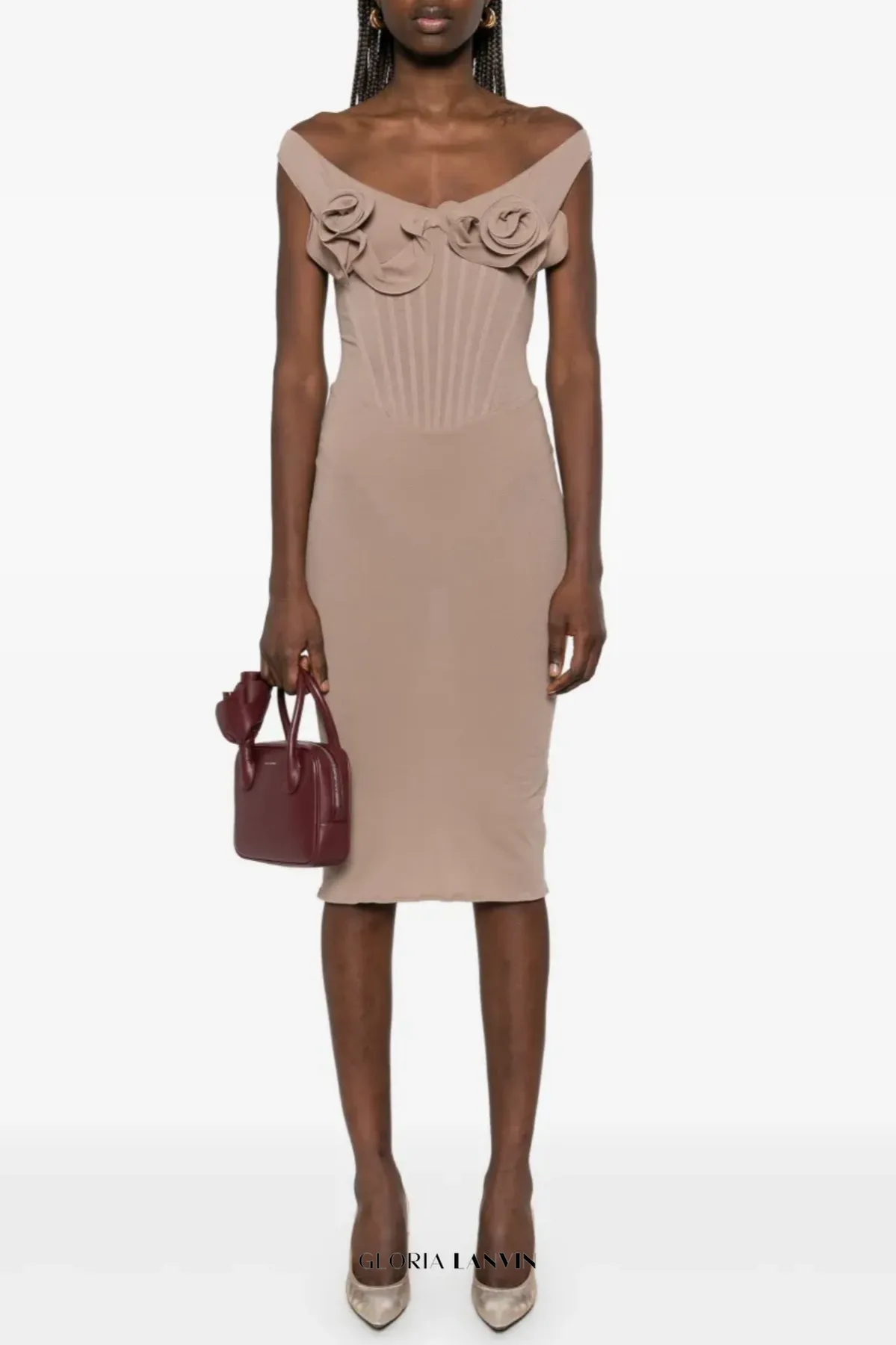 Dinella Floral Appliqu Corset Midi Dress in Grey Gloria Lanvin