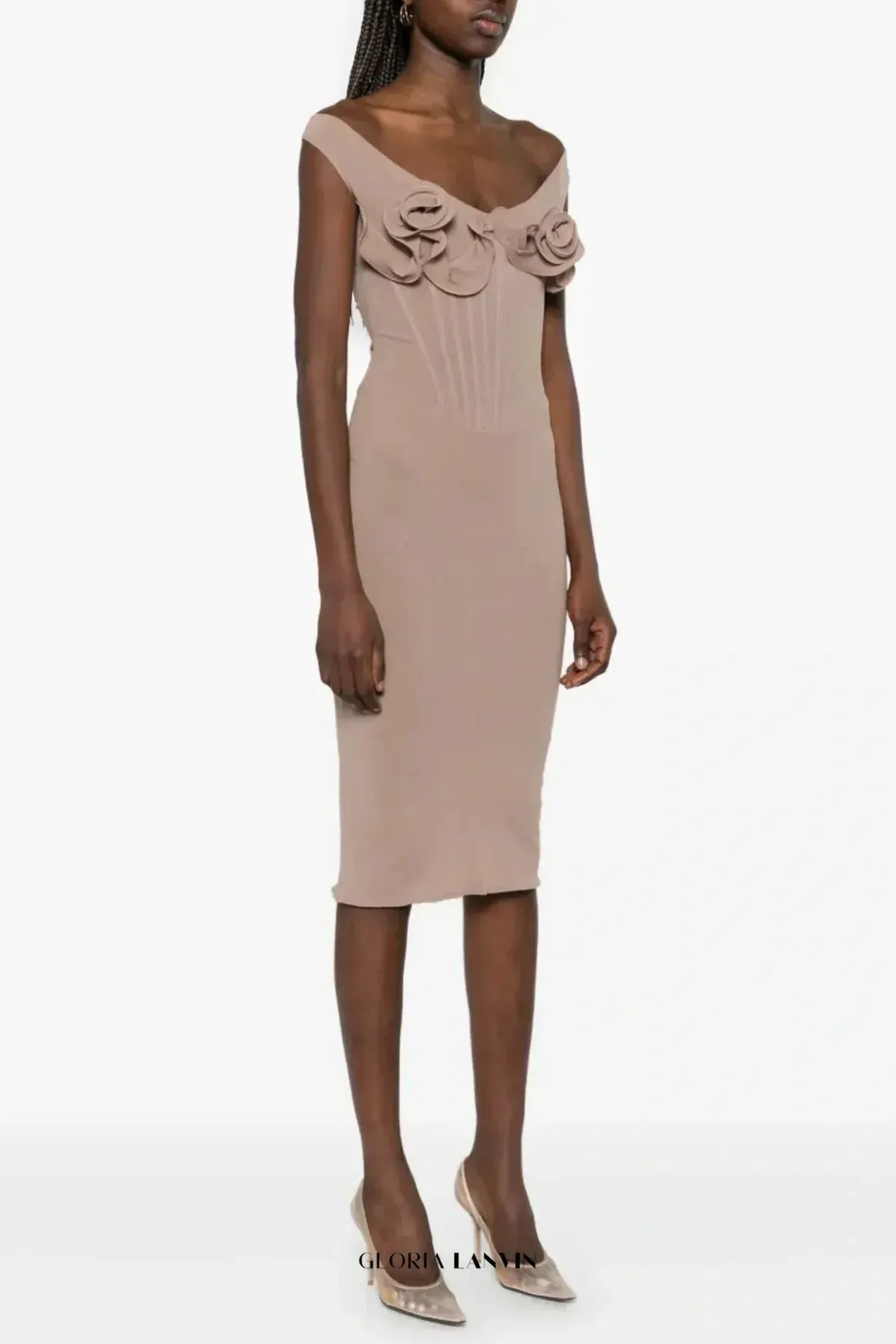 Dinella Floral Appliqu Corset Midi Dress in Grey Gloria Lanvin