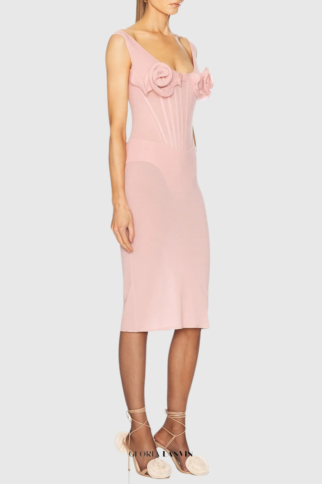 Dinella Floral Appliqu Corset Midi Dress in Pink Gloria Lanvin