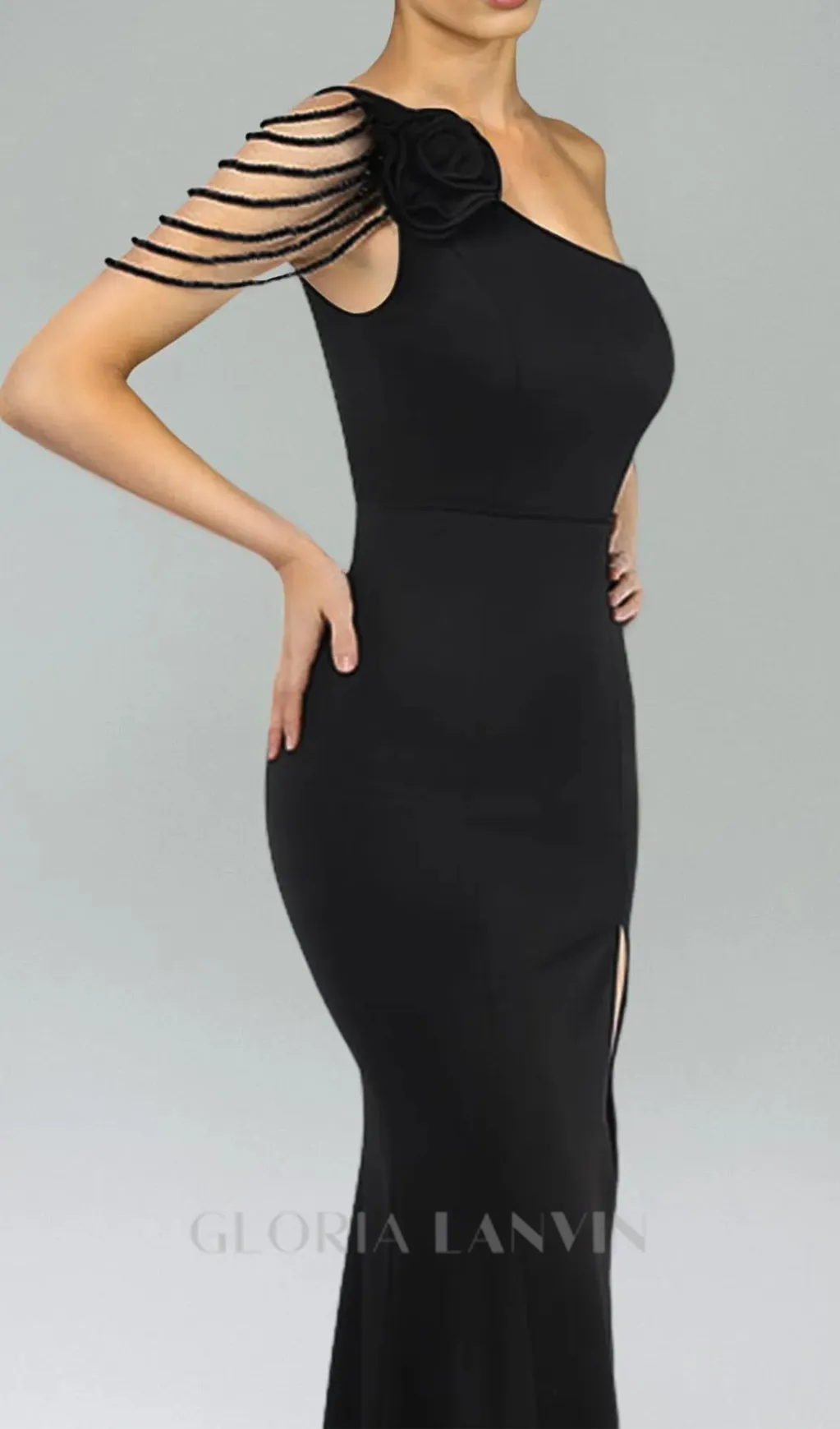 DOLORES ONE-SHOULDER FLORAL MAXI DRESS IN BLACK Gloria Lanvin