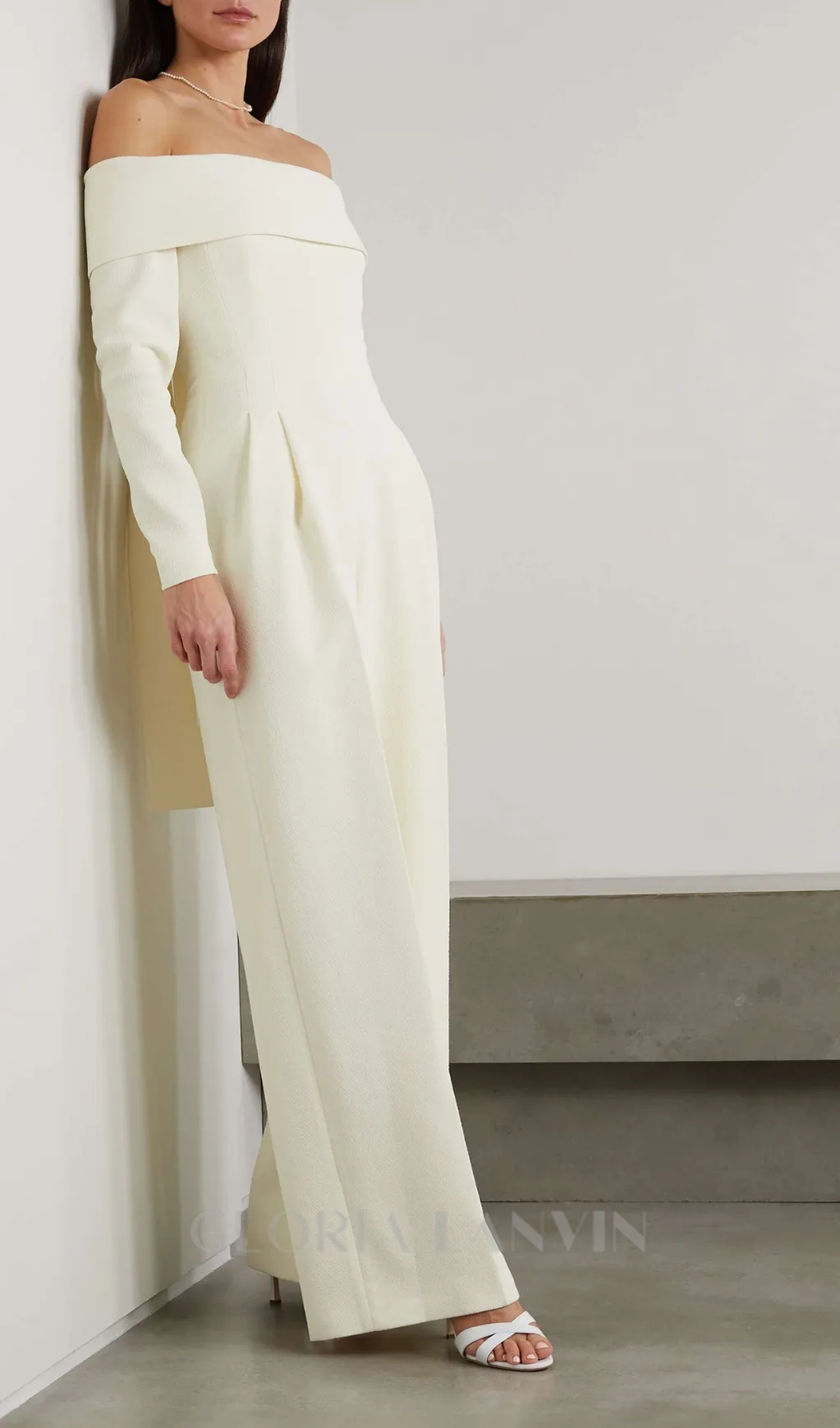 DOMINIC OFF-THE-SHOULDER CREPE JUMPSUIT IN IVORY Gloria Lanvin