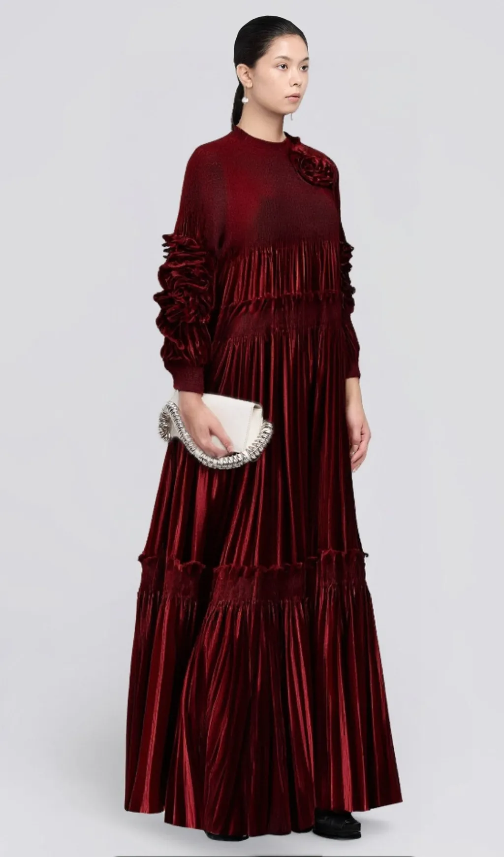 Donna red floral-appliqu pleated velvet midi dress Gloria Lanvin