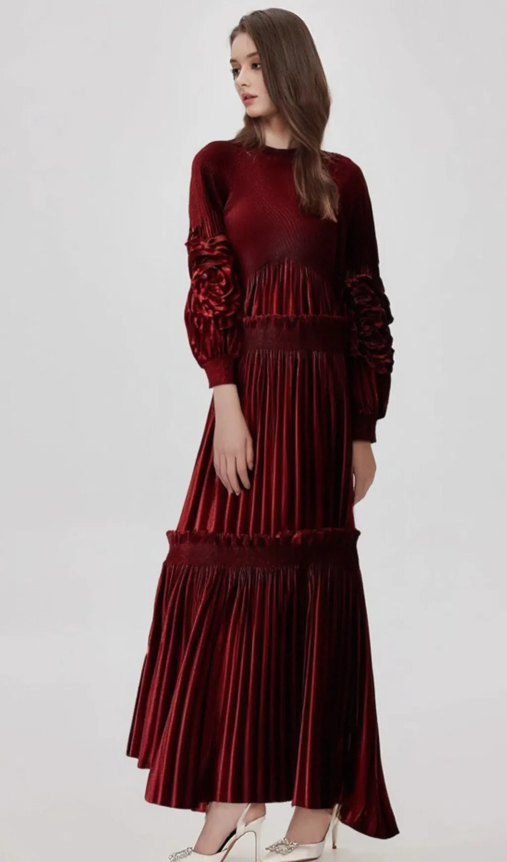 Donna red floral-appliqu pleated velvet midi dress Gloria Lanvin