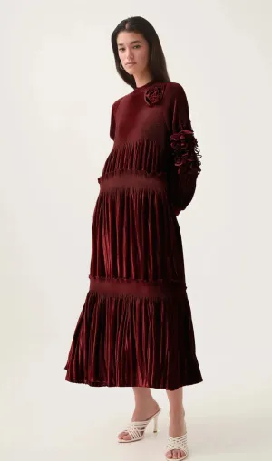 Donna red floral-appliqu pleated velvet midi dress Gloria Lanvin