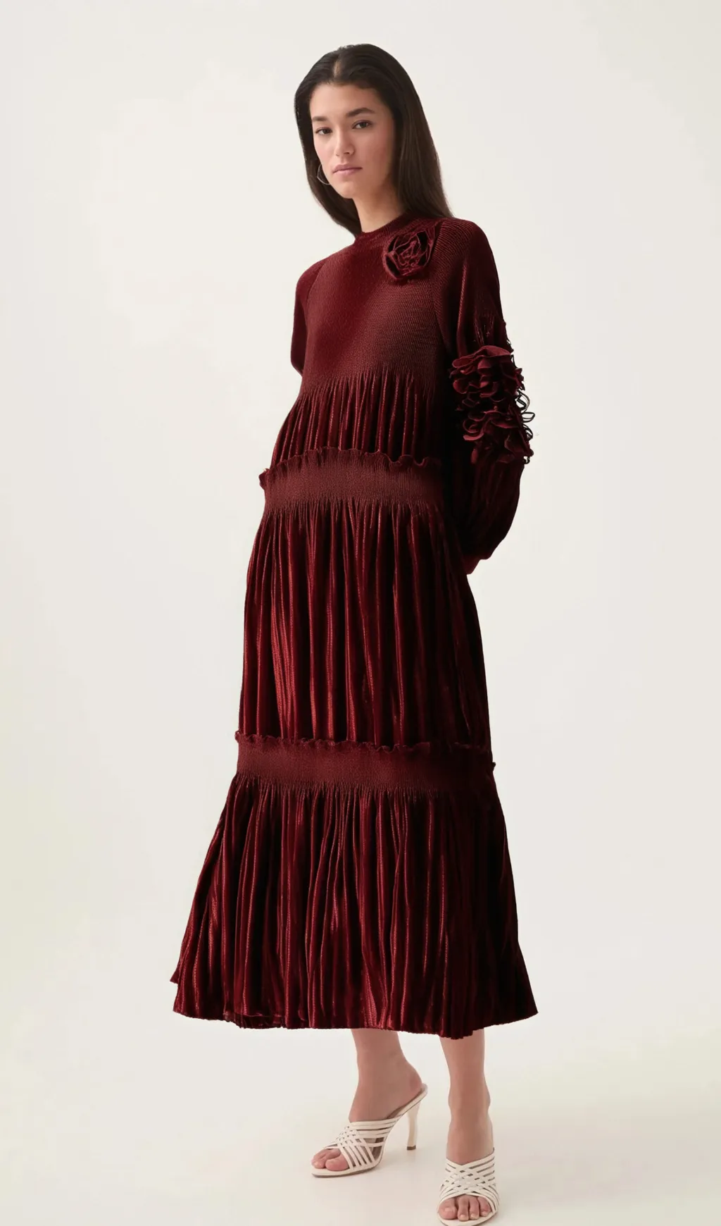 Donna red floral-appliqu pleated velvet midi dress Gloria Lanvin