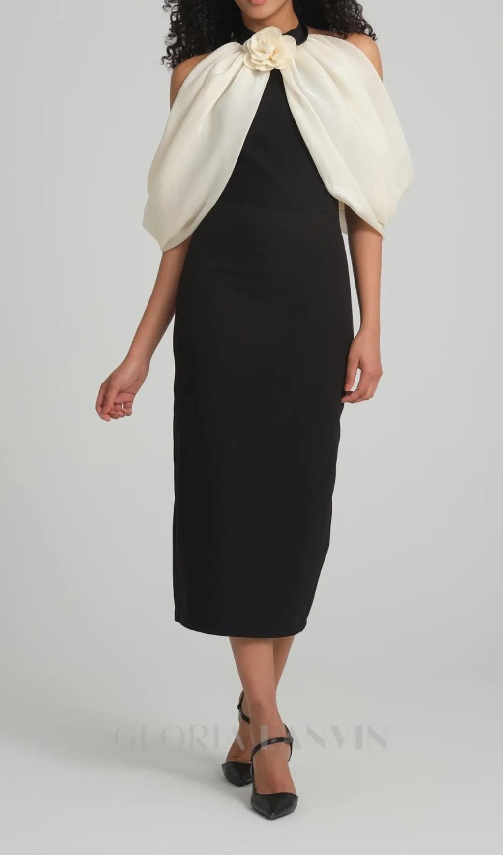 DORA ROSE EMBELLISHED BLACK-WHITE HALTER MIDI DRESS Gloria Lanvin