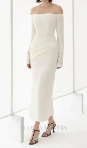 DOROTHY WHITE SHEATH OFF-SHOULDER RUCHED MIDI DRESS Gloria Lanvin