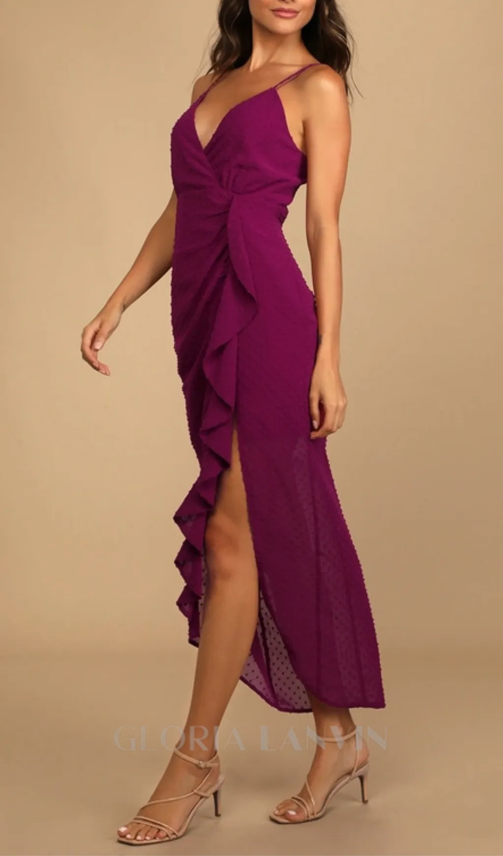 Dot Ruffled Midi Dress in Magenta Gloria Lanvin