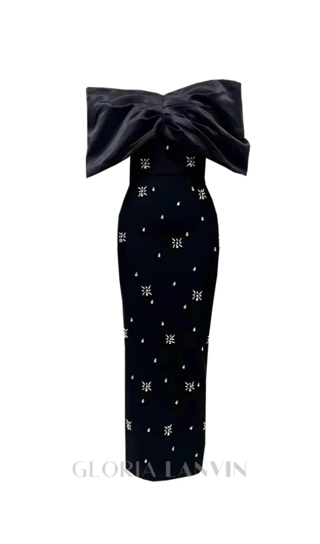 draped bardot crystal detail maxi dress in black Gloria Lanvin