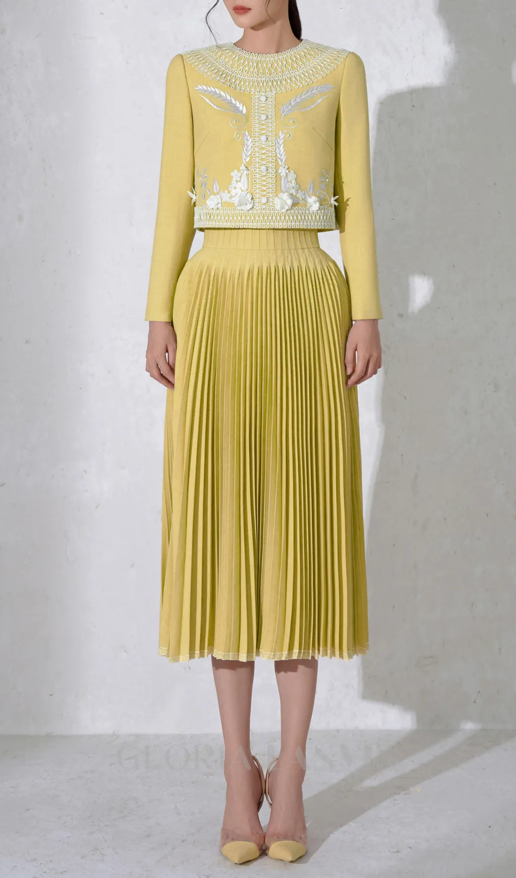 draped top pleat skirt set in yellow Gloria Lanvin
