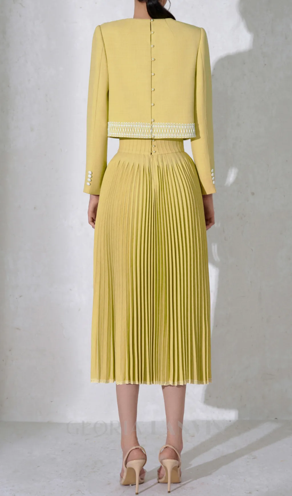 draped top pleat skirt set in yellow Gloria Lanvin