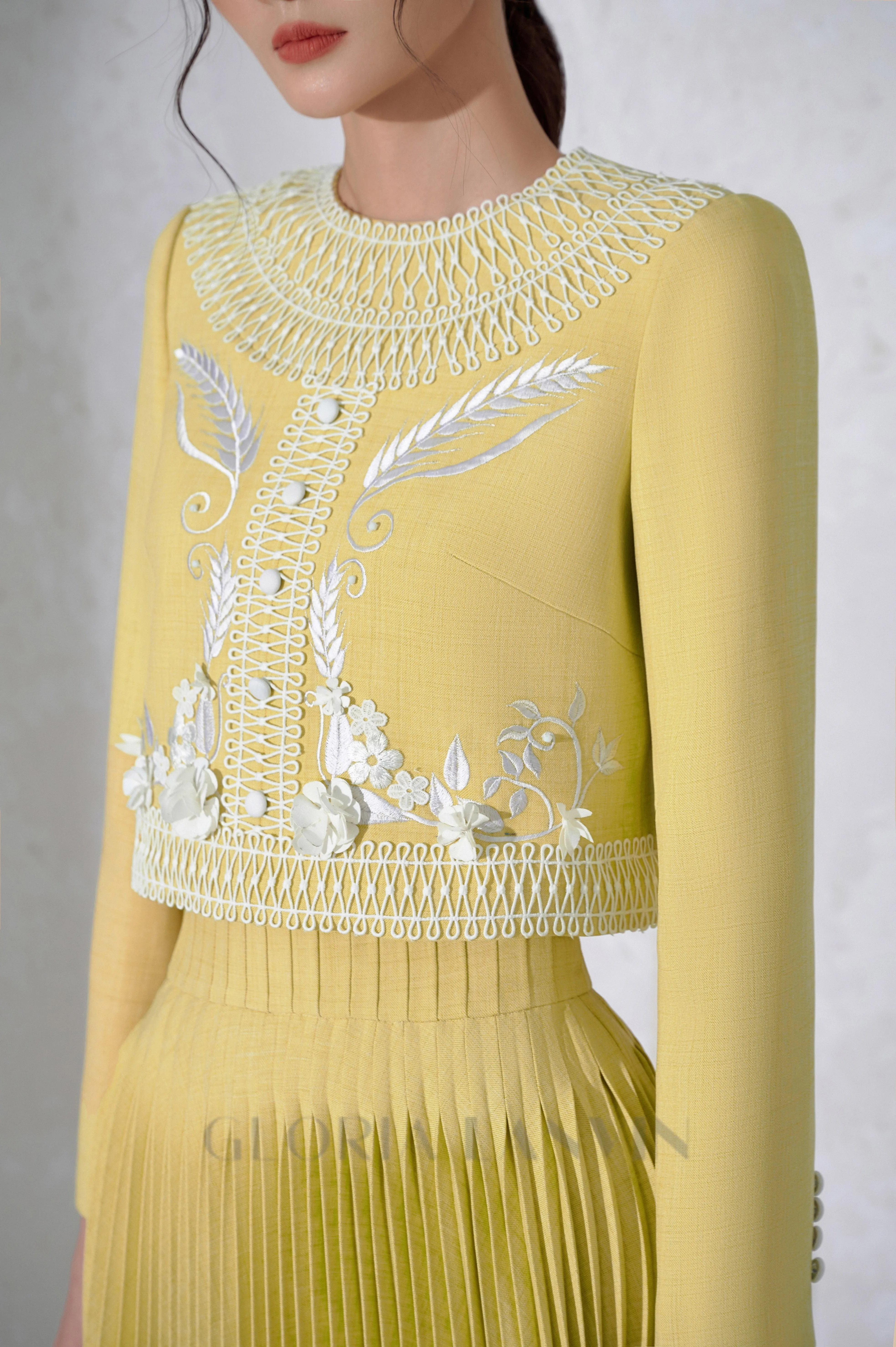 draped top pleat skirt set in yellow Gloria Lanvin