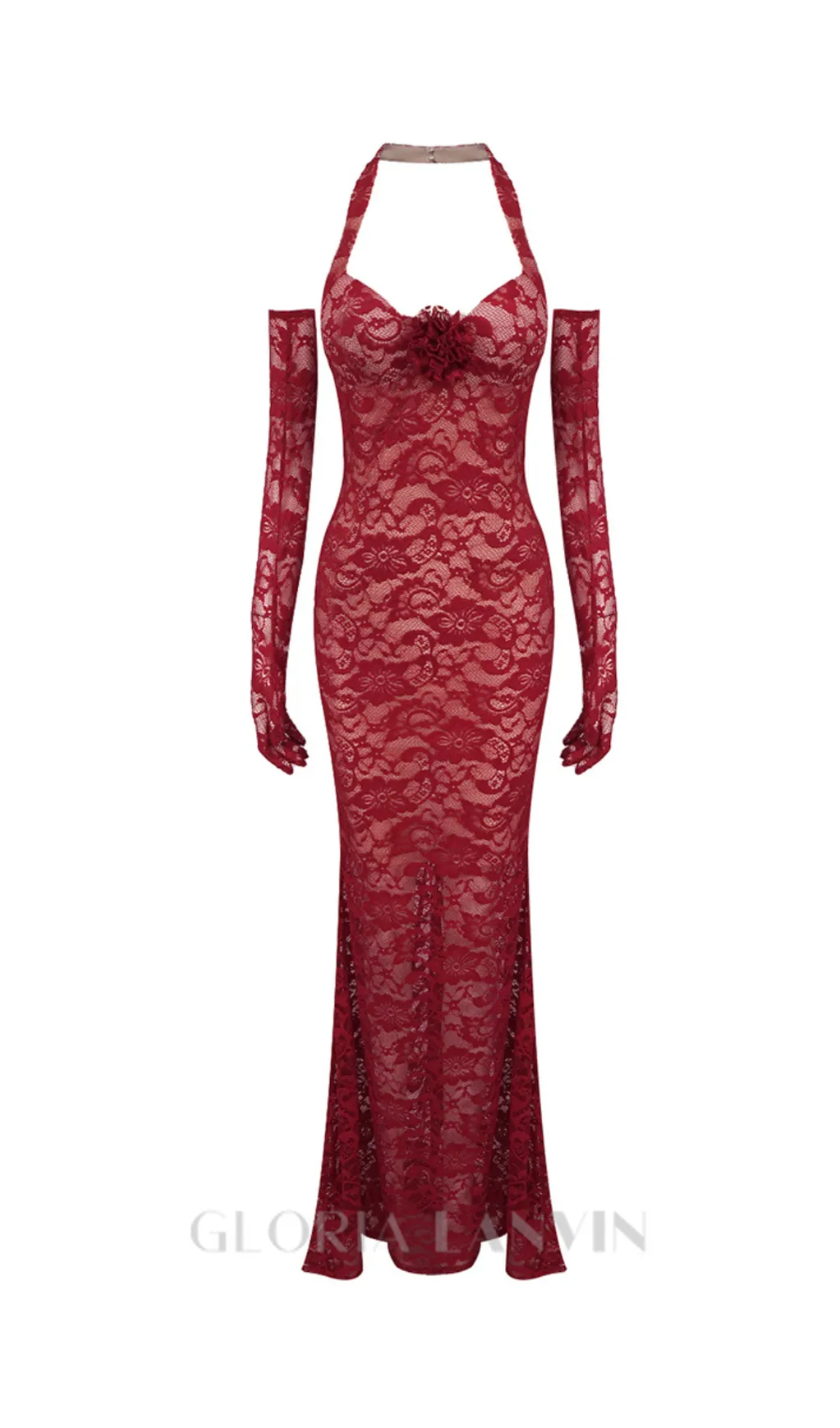 EARTHA HALTER FLORAL LACE MAXI DRESS IN BURGUNDY Gloria Lanvin