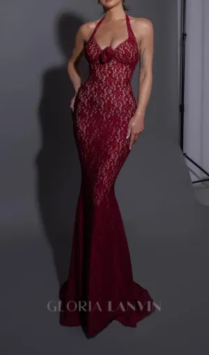 EARTHA HALTER FLORAL LACE MAXI DRESS IN BURGUNDY Gloria Lanvin